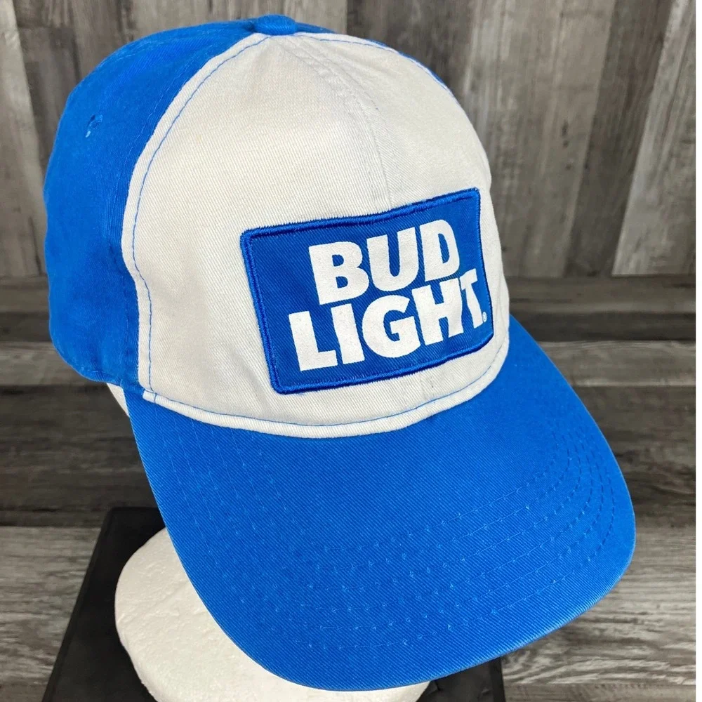 Bud Light Hat Blue White Adjustable Baseball Cap Beer Logo Patch Trucker Style